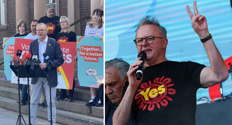 Left, Anthony Albanese speaks at Marrickville Town Hall with Yes campaigners holding signs behind him. Right, the PM speaks while making a 'peace' sign with his left hand.