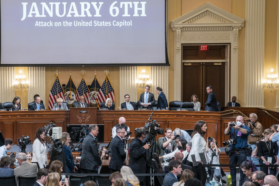 Cassidy Hutchinson, former aide to Trump White House chief of staff Mark Meadows, exits the hearing room as the House select committee investigating the Jan. 6 attack on the U.S. Capitol holds a hearing at the Capitol in Washington, Tuesday, June 28, 2022. (Sean Thew/Pool via AP)