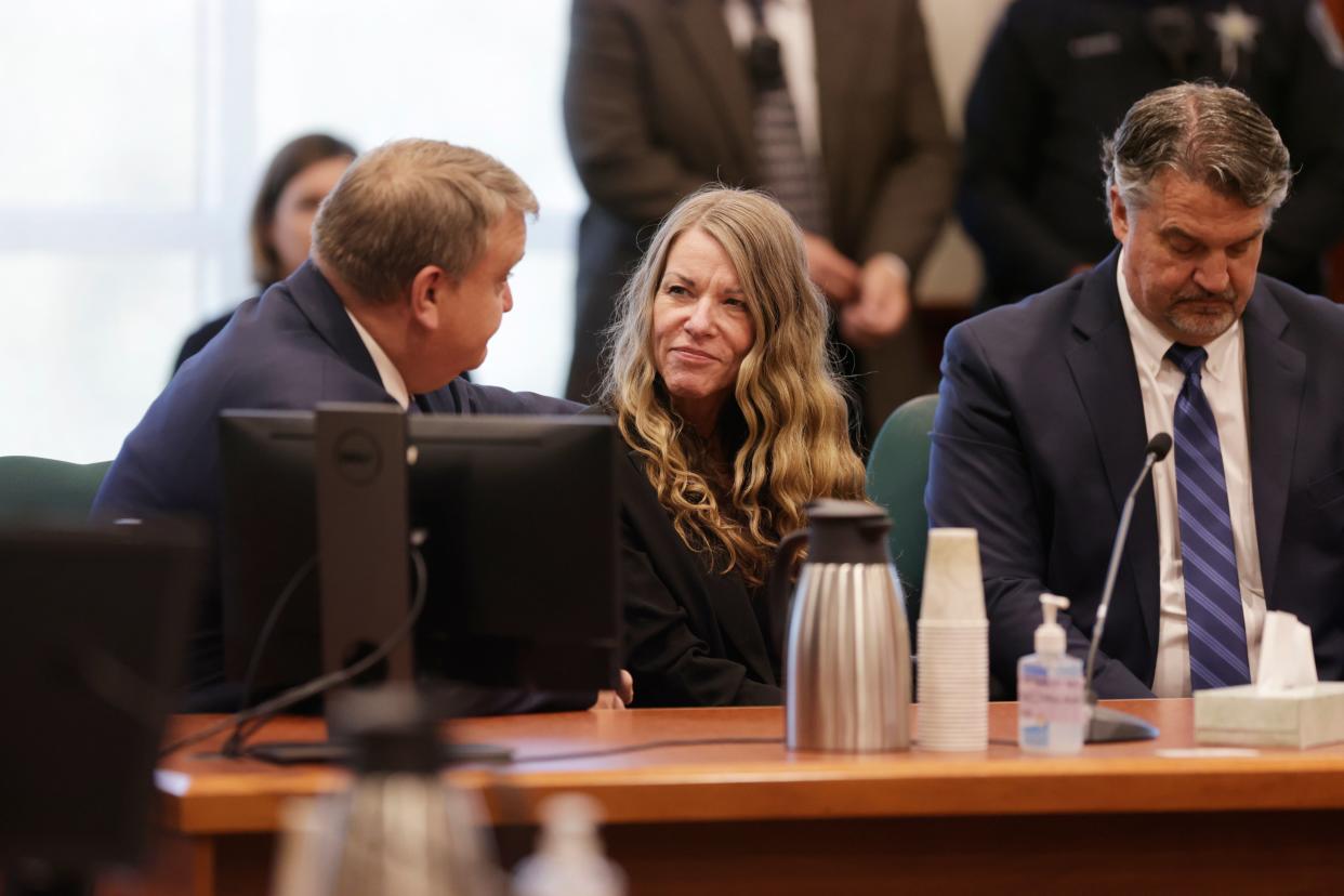 Lori Vallow Daybell talks with her lawyers before the jury’s verdict is read at the Ada County Courthouse in Boise, Idaho (AP)