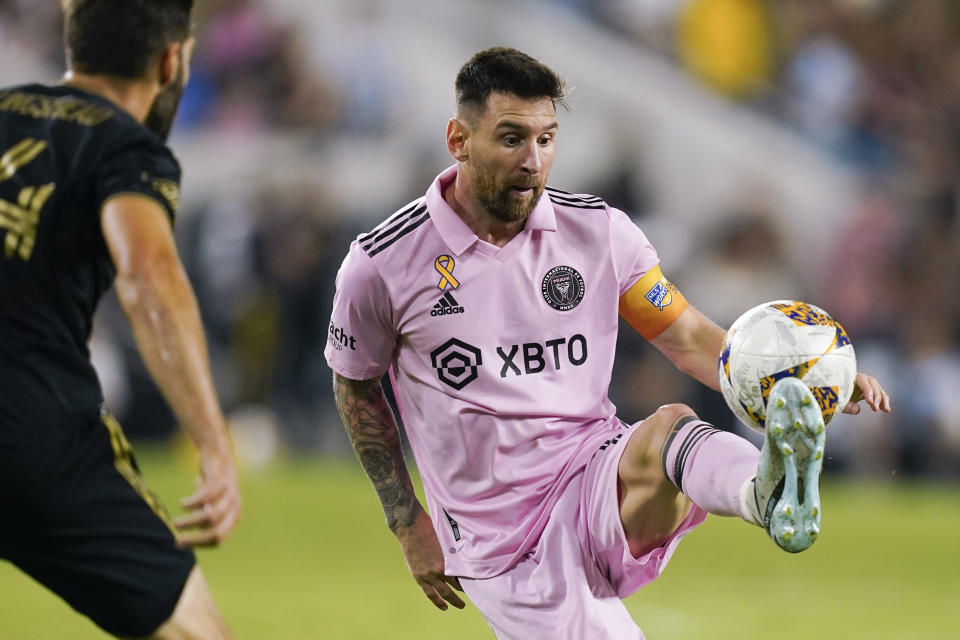 Inter Miami forward Lionel Messi traps the ball during the second half of an MLS soccer match against Los Angeles FC, Sunday, Sept. 3, 2023, in Los Angeles. (AP Photo/Ryan Sun)