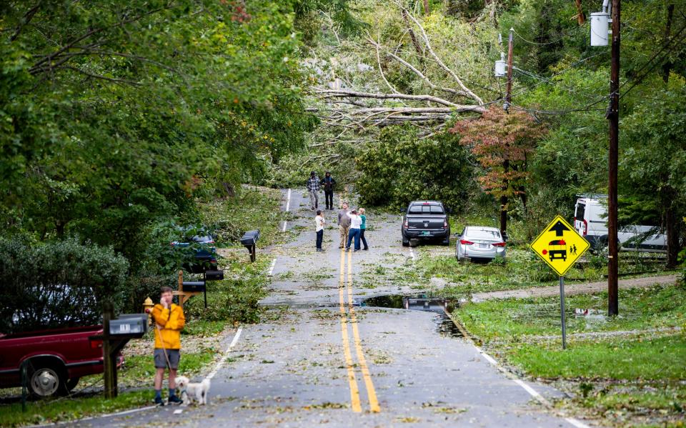 Arden residents survey the damage along Oak Terrace Friday afternoon after Hurricane Helene passed through the Asheville area the night before.