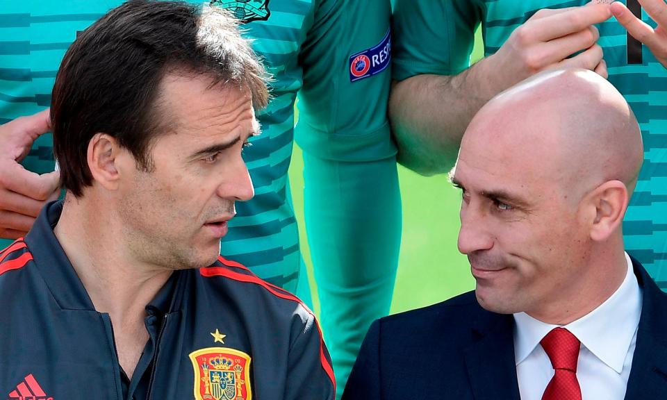 Julen Lopetegui (left) and Lui Rubiales pictured on 5 June in Madrid when everything appeared rosy in the Spain camp as they prepared for the 2018 World Cup.