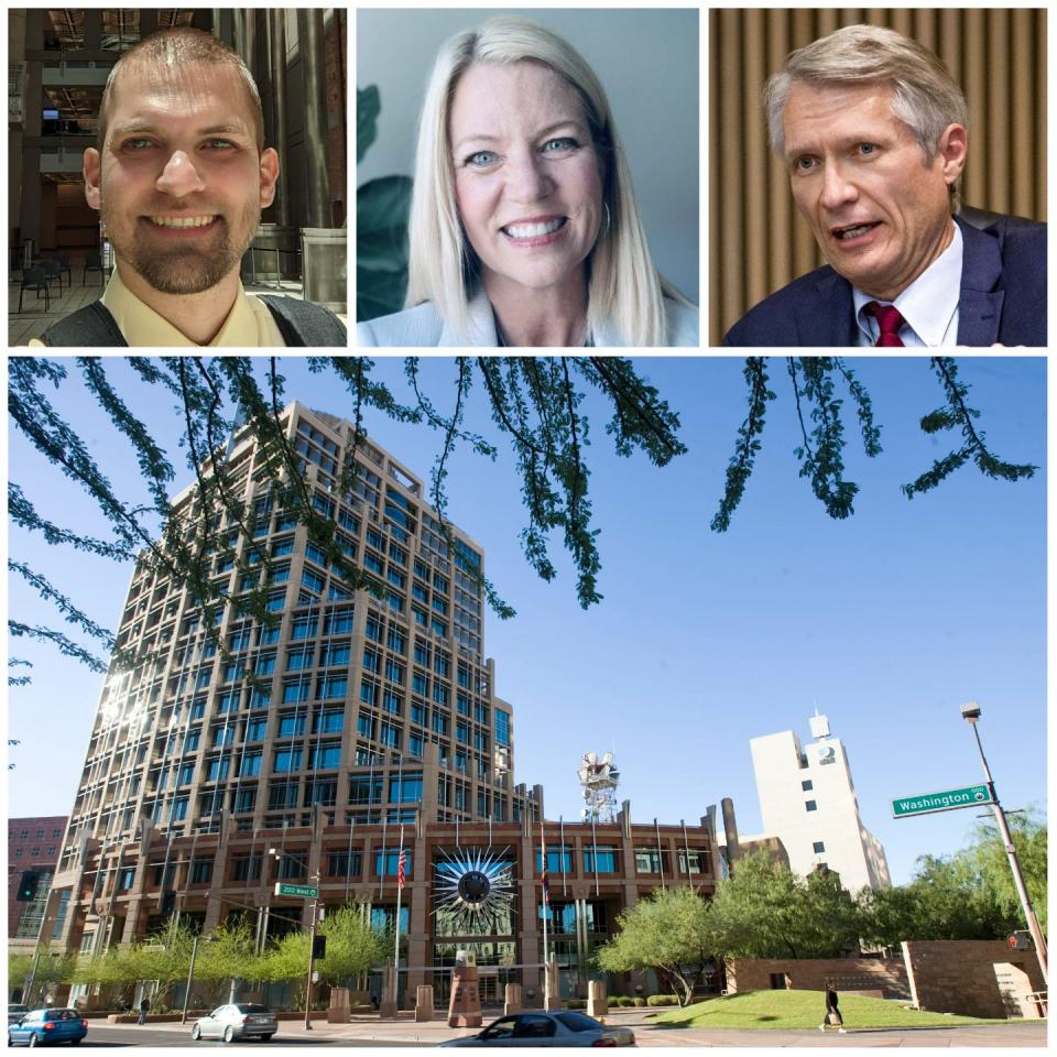 The council member candidates for Phoenix District 2 are Matthew Evans (from left), ​​Heli Nielson and  Jim Waring.