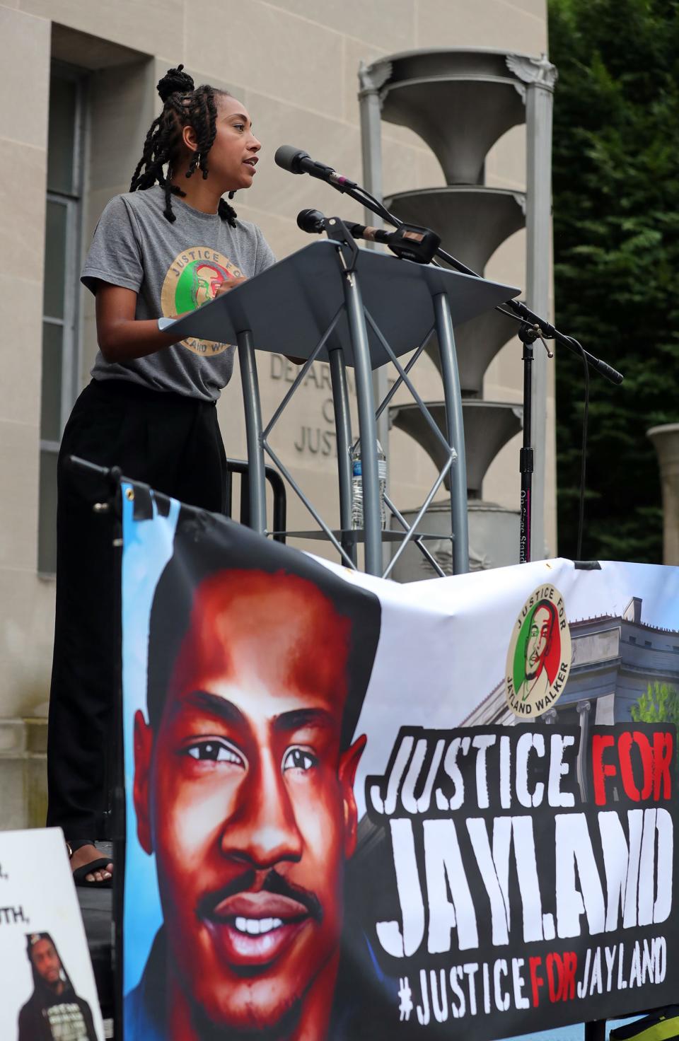 Paige White, one of the attorneys representing the Walker family, speaks during the National Rally to the Department of Justice for Jayland, Tuesday, June 27, 2023, in Washington.