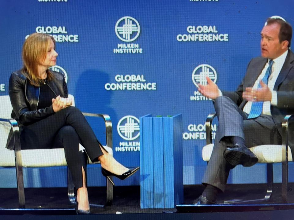 GM CEO Mary Barra at the Miliken Global Conference in Los Angeles on May 2, 2022 in her signature style of black leather blazer and stilettos. She told CNBC that a deal to sell 175,000 electric vehicles to Hertz will be an important part of GM's rapid expansion into EV productions and sales.