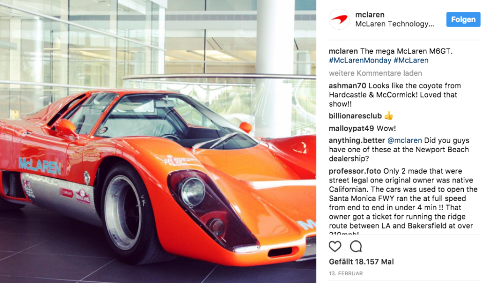 <p>Der britische Sportwagenhersteller schafft es mit 4,1 Millionen Followern gerade so in die Top 10.<br> (Bild: instagram.com/mclaren) </p>