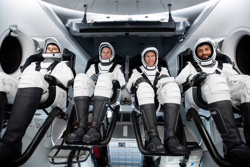 The Crew-6 crew during a training session. Seated from left in their spacesuits are, Mission Specialist Andrey Fedyaev, Pilot Warren “Woody” Hoburg, Commander Stephen Bowen, and Mission Specialist Sultan Al Neyadi.