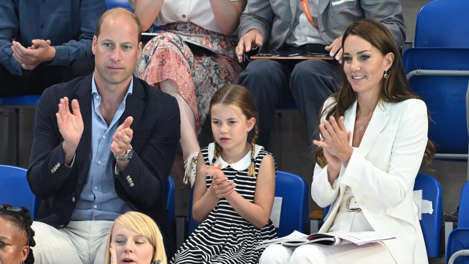 Prince William, Duke of Cambridge, Catherine, Duchess of Cambridge and Princess Charlotte of Cambridge attend the Sandwell Aquatics Centre