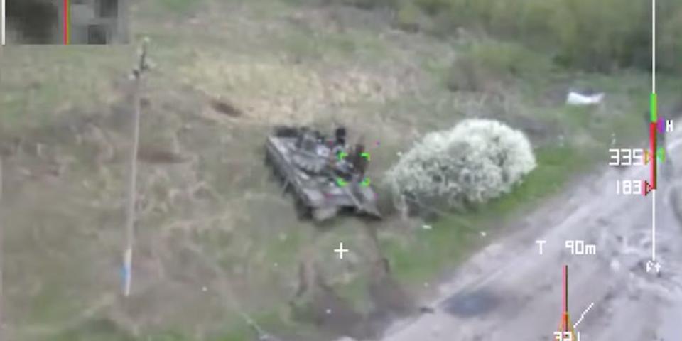 A video shows a kamikaze drone hit a Russian tank.