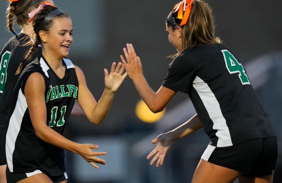 Ella Saxon (11) is congratulated by her Pascack Valley teammate, Celina Bussanich, after scoring a goal. The game was tied two-all after the first half. The Panthers would score two goals in the last ten minutes of the game to win, 4-2. Tuesday, September 12, 2023