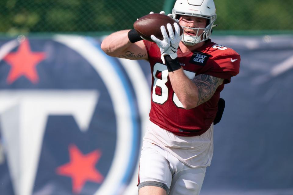 Arizona Cardinals tight end Trey McBride (85) pulls in a catch during a joint training camp practice against the Tennessee Titans at Ascension Saint Thomas Sports Park Wednesday, Aug. 24, 2022, in Nashville, Tenn.