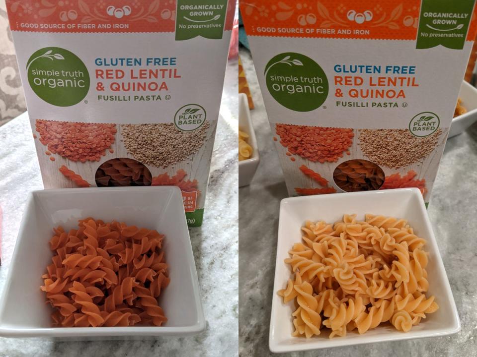 (left) uncooked simple truth organic protein pasta (right) cooked simple truth protein pasta