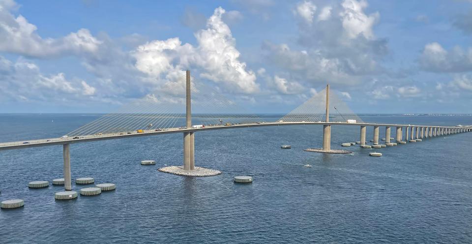 The Bob Graham Sunshine Skyway Bridge over Tampa Bay was rebuilt after a tragic 1980 crash caused part of the span to collapse. It now has "dolphins," or pilings in the water protecting the main piers.