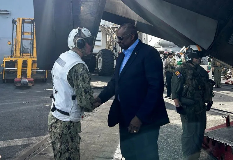 U.S. Secretary of Defense Austin visits aircraft carrier USS Gerald R. Ford