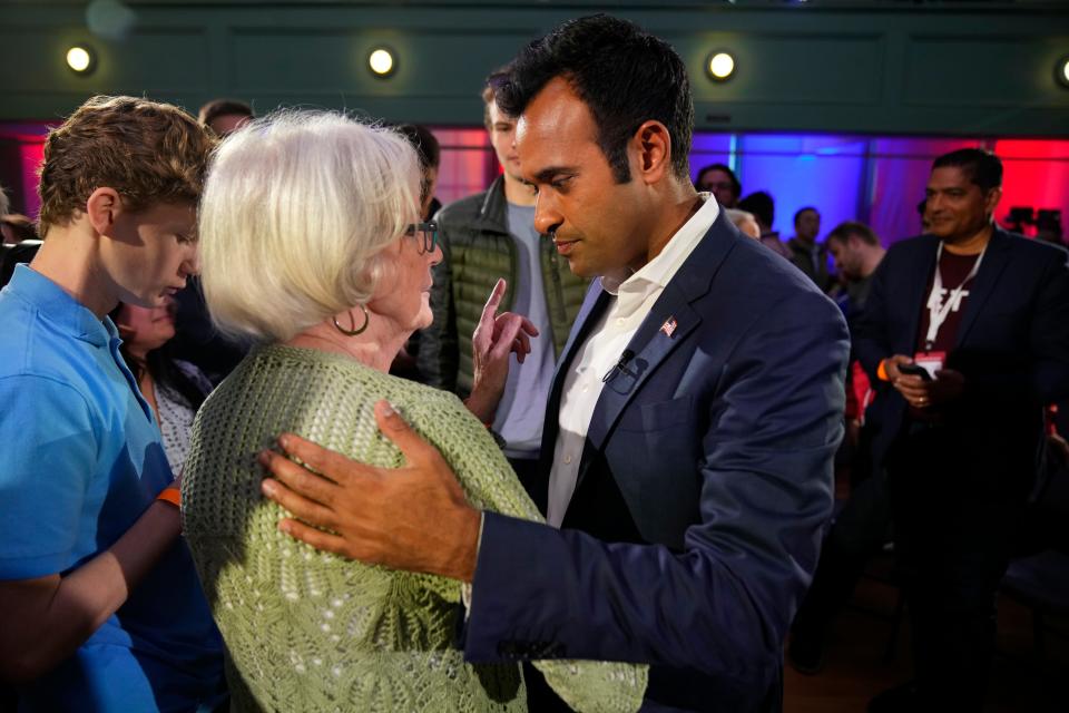 Republican presidential candidate Vivek Ramaswamy greets former state Sen. Nancy Stiles of Hampton after speaking at the Seacoast Media Group and USA TODAY Network 2024 Republican Presidential Candidate Town Hall Forum held in the historic Exeter Town Hall in Exeter, New Hampshire. The entrepreneur spoke to prospective New Hampshire voters about issues during the hour-long forum.
