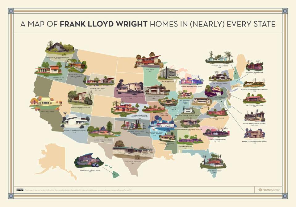 Illustrated map of Frank Lloyd Wright house across the United States