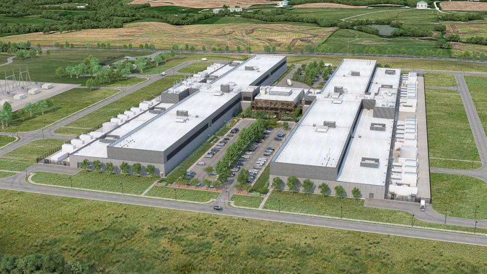 This rendering shows plans for a new $800 million data center that Meta, the parent company of Facebook, is building in Kansas City’s Northland.