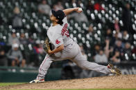 Boston Red Sox relief pitcher Hirokazu Sawamura delivers during the eighth inning of the team's baseball game against the Chicago White Sox Thursday, May 26, 2022, in Chicago. (AP Photo/Charles Rex Arbogast)