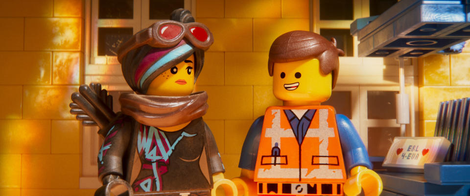 This image released by Warner Bros. Pictures shows the characters Lucy/Wyldstyle, voiced by Elizabeth Banks, left, and Emmet, voiced by Chris Pratt, in a scene from "The Lego Movie 2: The Second Part." (Warner Bros. Pictures via AP)