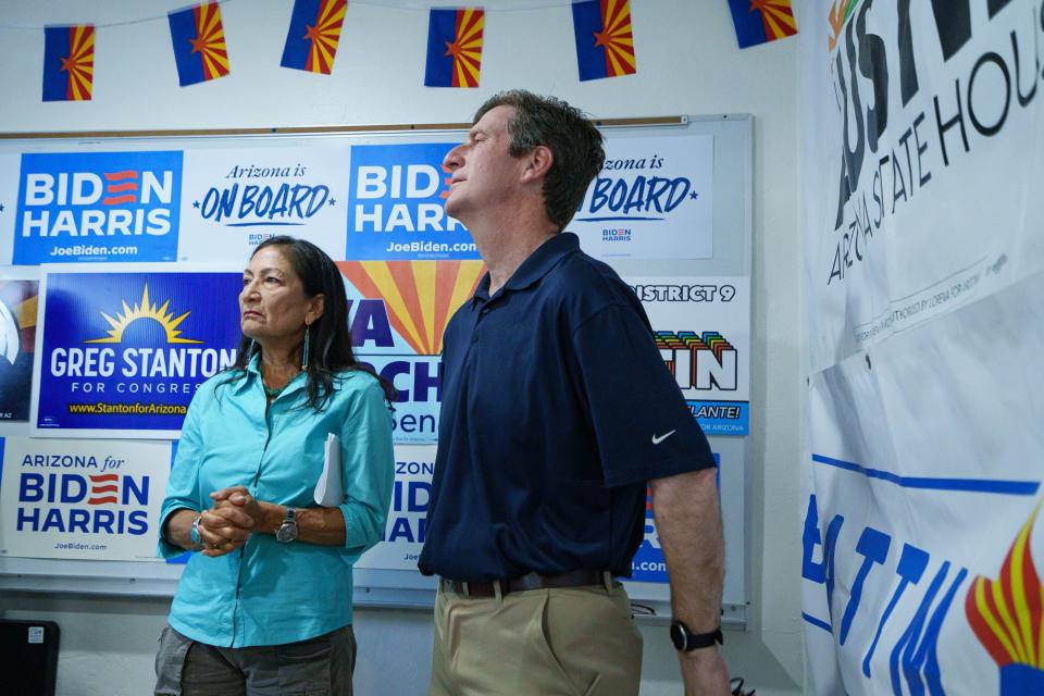 United States Secretary of the Interior, Deb Haaland (left) and congressman Greg Stanton visit Arizona for a Biden-Harris canvassing launch in legislative district 9 on June 22, 2024, in Mesa.