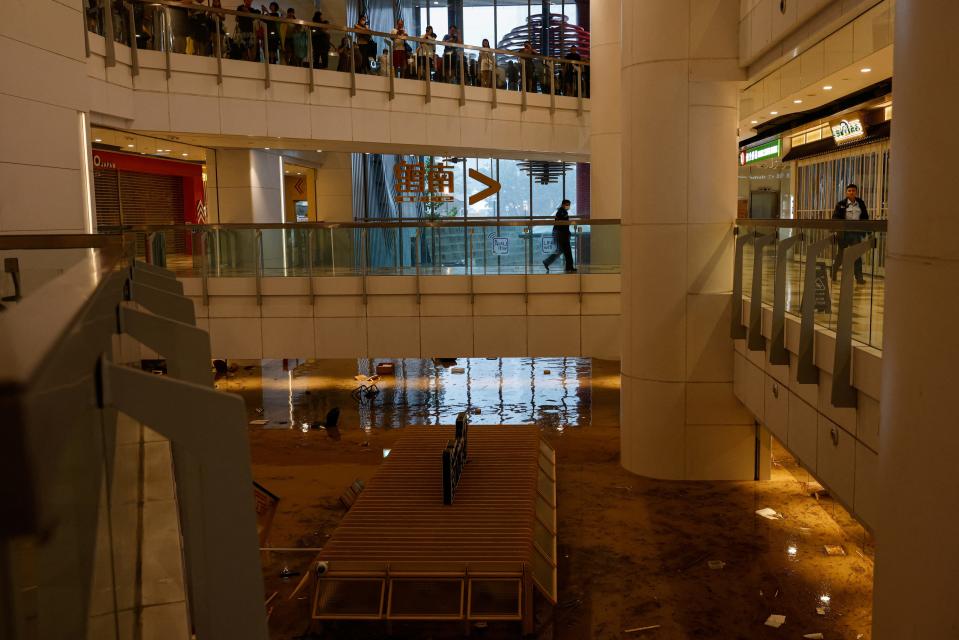 A view of a flooded shopping complex after heavy rains.