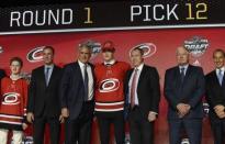 June 23, 2017; Chicago, IL, USA; Martin Necas poses for photos after being selected as the number twelve overall pick to the Carolina Hurricanes in the first round of the 2017 NHL Draft at the United Center. Mandatory Credit: David Banks-USA TODAY Sports