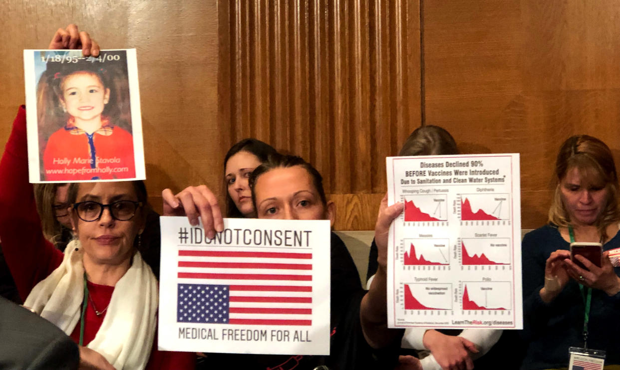 Anti-Vaccination parents at the Senate Committee on Health, Education, Labor and Pensions on Capitol Hill in Washington, DC, on March 5, 2019. (Photo: Alexander Nazaryan/Yahoo News)