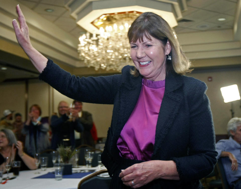 Then-Congressional candidate Ann Kirkpatrick, D-Arizona, waves as she enters a room full of supporters during an election night party at the Radisson Woodlands Flagstaff Hotel on Tuesday, Nov. 6, 2012 in Flagstaff, Ariz. (AP Photo/Ralph Freso) 