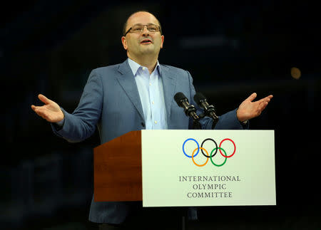 FILE PHOTO: International Olympic Committee Evaluation Commission Chairman Patrick Baumann holds a final news conference following meetings and tours as part of LA 2024's bid for the Summer 2024 Olympic Games in Los Angeles, California, U.S., May 12, 2017. REUTERS/Mike Blake/File Photo