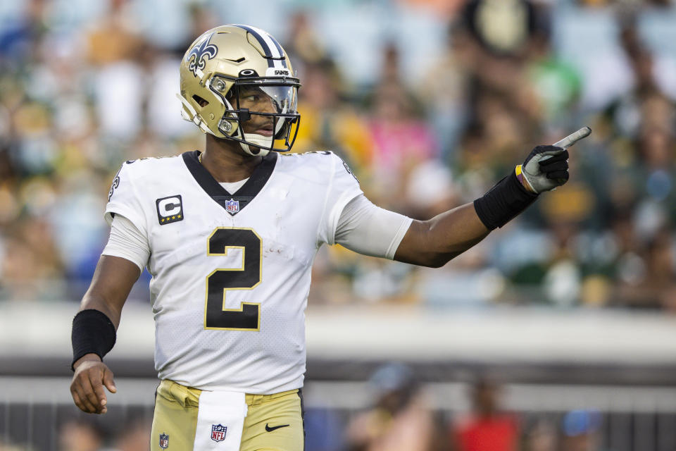 JACKSONVILLE, FLORIDA - SEPTEMBER 12: Jameis Winston #2 of the New Orleans Saints points during the fourth quarter of a game against the Green Bay Packers at TIAA Bank Field on September 12, 2021 in Jacksonville, Florida. (Photo by James Gilbert/Getty Images)