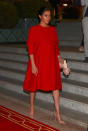 <p>The Duke and Duchess of Sussex arrived in Casablanca, Morocco on Saturday evening. Meghan paid tribute to the country’s flag with her red caped Valentino dress and the brand’s <a rel="nofollow noopener" href="https://www.valentino.com/en-gb/cross-body-bags_cod272216333676817.html#dept=" target="_blank" data-ylk="slk:small v-ring crossbody bag.;elm:context_link;itc:0;sec:content-canvas" class="link ">small v-ring crossbody bag.</a> Nude pumps completed her arrival look. [Photo: PA] </p>