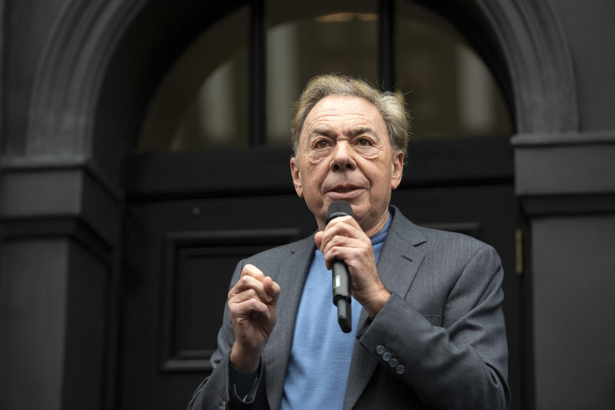 Lord Andrew Lloyd Webber speaks during the unveiling of the Wall of Fame, a new art installation at the London Palladium in London.