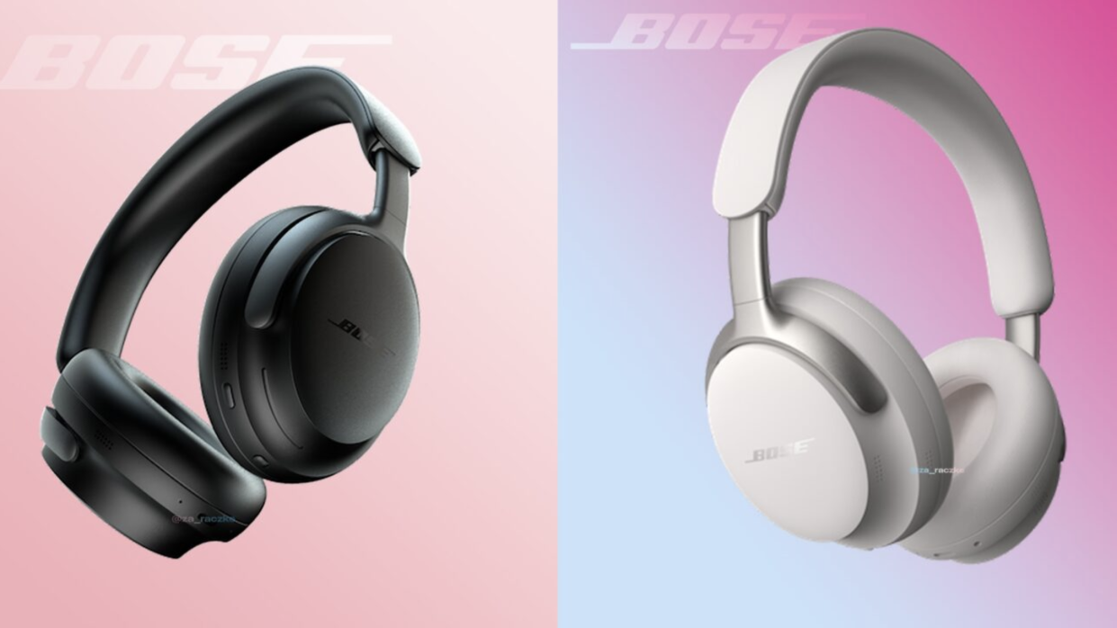  Two pairs of Bose headphones, on pink background – possibly renders of the Bose QuietComfort Ultra 