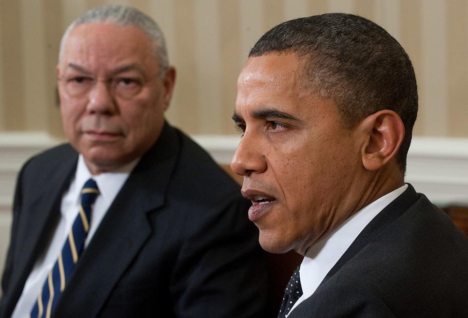 US President Barack Obama speaks alongside former US Secretary of State General Colin Powell in 2010. Source: Getty