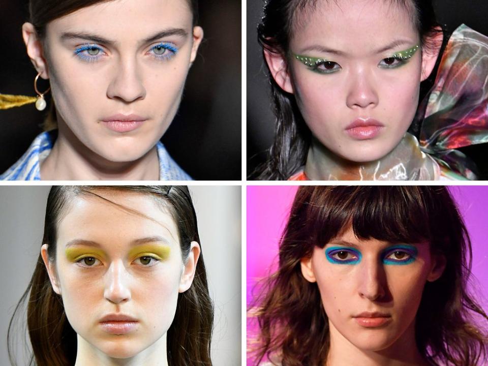 Aside from the pink and purple combo, we pretty much saw makeup looks done with all shades of the rainbow. At Dries Van Noten, models sported brightly colored eyelashes, while at Prada, eyelids were painted with colorful (and embellished) winged eyeliner.&nbsp;<br /><br /><i>(Clockwise from top left: Dries Van Noten, Prada, Sies Marjan, Noon by Noor)</i>