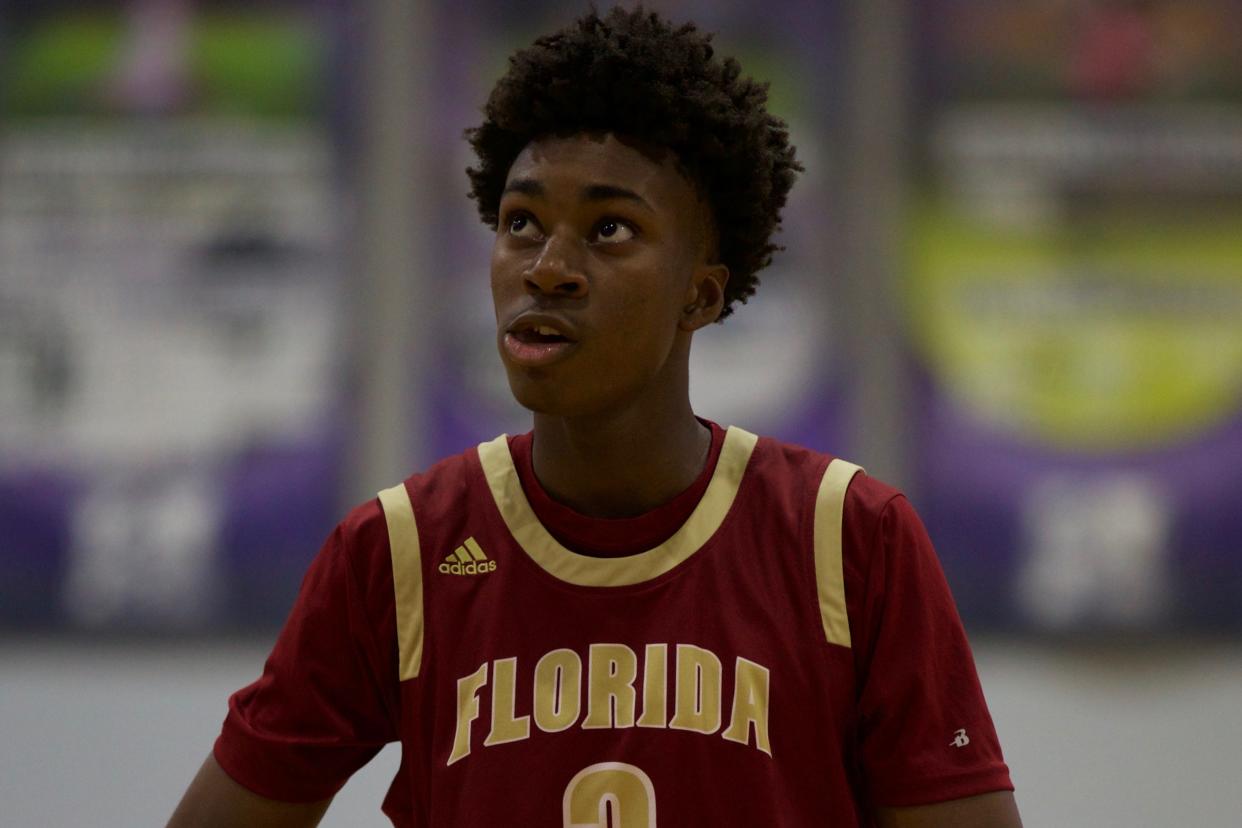 Florida State University High School junior guard Anthony Robinson Jr. (2) attempts a free throw in a game Dec. 9, 2021.