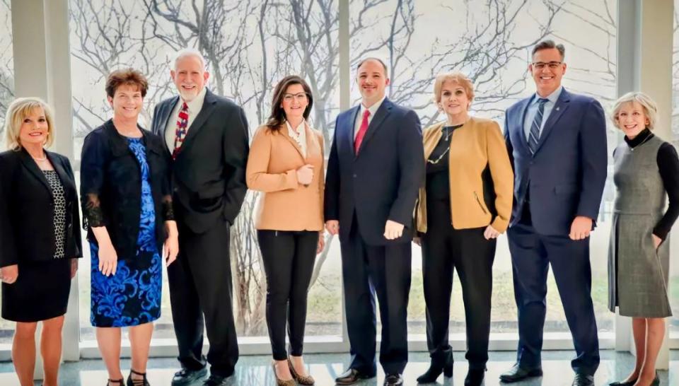 The Northwest school board (from left): Dr.. Lillian Rauch, Judy Copp, Mark Schluter, Jennifer Murphy, superintendent Dr. Mark Foust, Deanne Hatfield, Steve Sprowls and Dr. Anne Davis-Simpson. Northwest ISD