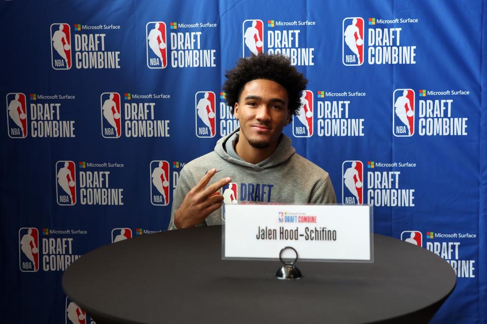 Jalen Hood-Schifino speaks with the media during the NBA Draft Combine at the Wintrust Arena on May 17, 2023 in Chicago, Illinois.