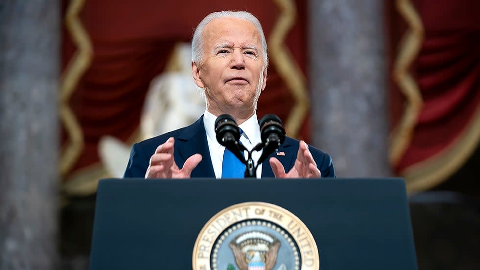President Joe Biden gives remarks in Statuary Hall of the U.S Capitol in Washington, D.C., on Thursday, January 6, 2022 to mark the one year anniversary of the attack on the Capitol.