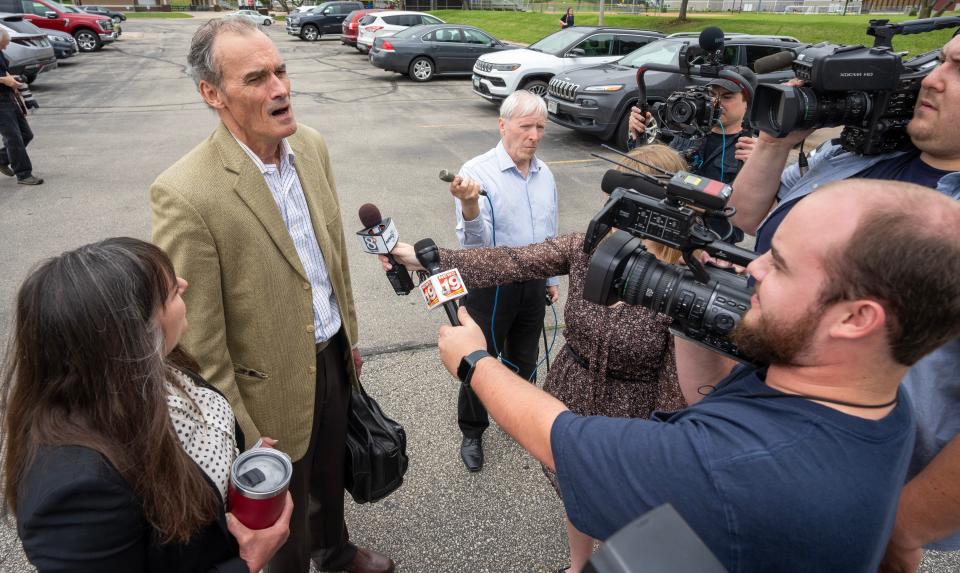 Forrmer UW-La Crosse Chancellor Joe Gow speaks to reporters before a disciplinary hearing to decide whether he should be fired as a faculty member from the University of Wisconsin-La Crosse on Wednesday, June 19, 2024, in Onalaska, Wisconsin.