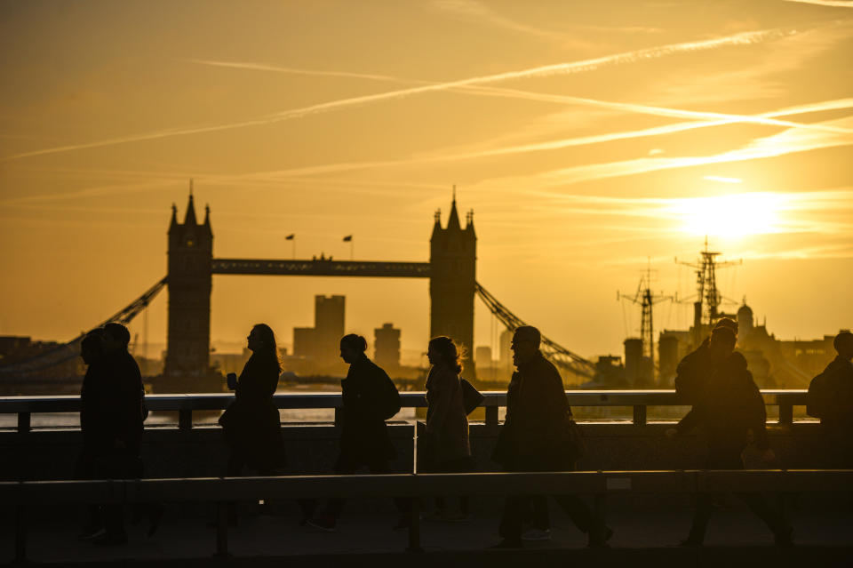 LONDON, ENGLAND - FEBRUARY 03: Commuters walk across London Bridge on February 3, 2020 in London, England. People returned to work today, Monday, after Britain's departure from the European Union last Friday, 31st January. (Photo by Peter Summers/Getty Images)