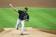 Miami Marlins starting pitcher Sandy Alcantara delivers during the first inning of a baseball game against the New York Yankees at Yankee Stadium, Friday, Sept. 25, 2020, in New York. (AP Photo/Corey Sipkin)