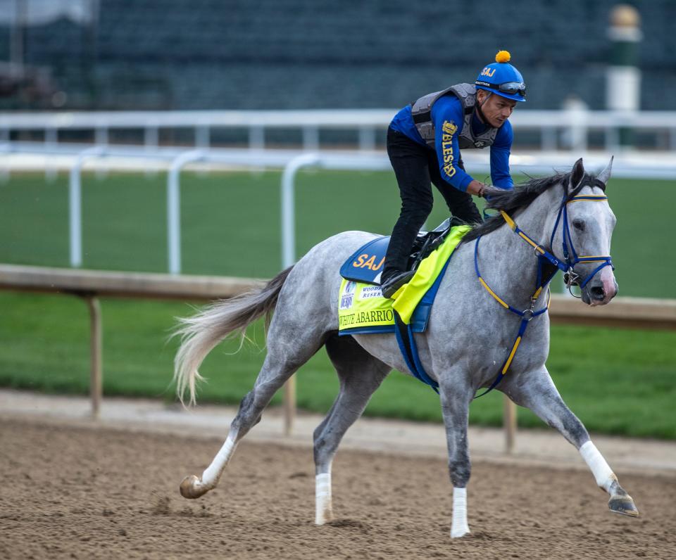 Kentucky Derby hopeful White Abarrio gallops on the track at Churchill Downs. May 4, 2022