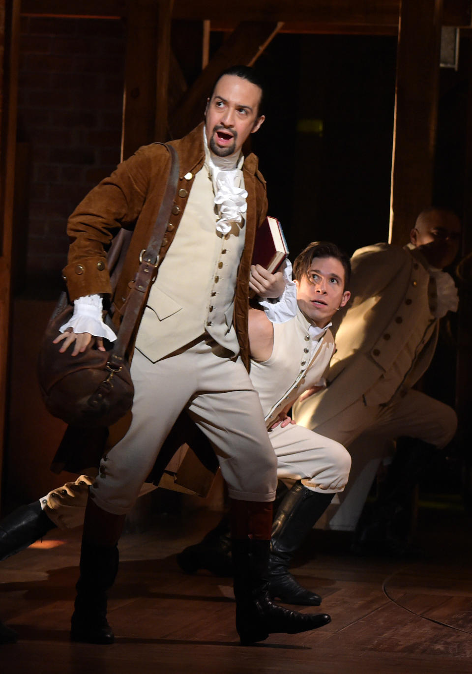 NEW YORK, NY - FEBRUARY 15:  Actor, composer Lin-Manuel Miranda is seen on stage during 'Hamilton' GRAMMY performance for The 58th GRAMMY Awards at Richard Rodgers Theater on February 15, 2016 in New York City.  (Photo by Theo Wargo/WireImage)