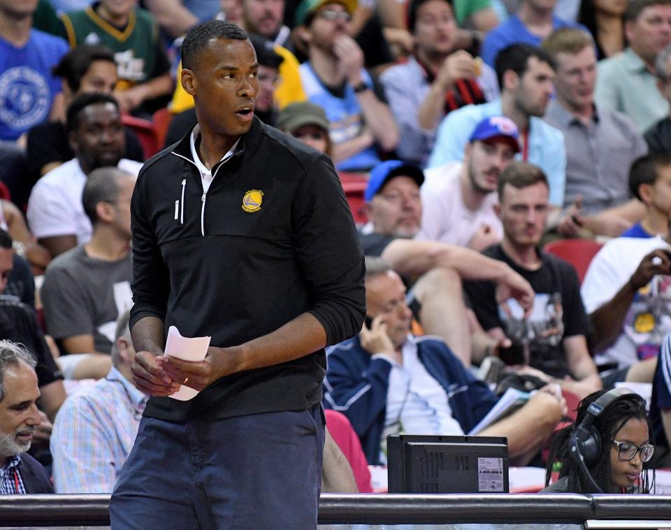 Jarron Collins -- Here, Golden State Warriors Summer League head coach Jarron Collins walks the sidelines during a game in 2016 against the Philadelphia 76ers at Thomas &amp; Mack Center.