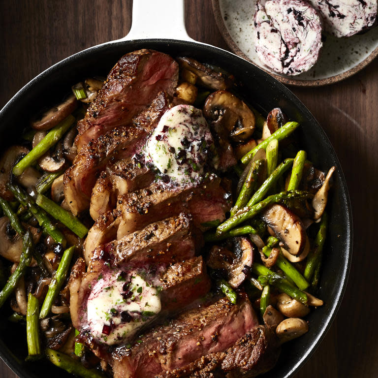 Pan-Seared Strip Steak with Mushrooms, Asparagus, and Vanilla-Cabernet Butter