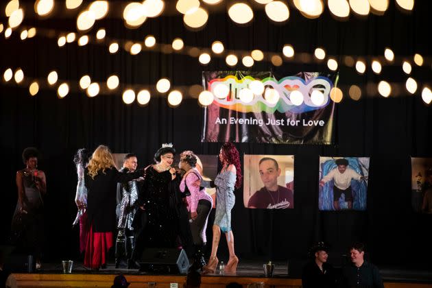 Club Q performers gather on stage during a benefit show co-hosted by Tiara Latrice Kelley on Thursday. The event raised money for Club Q employees who are out of work because of the recent shooting.