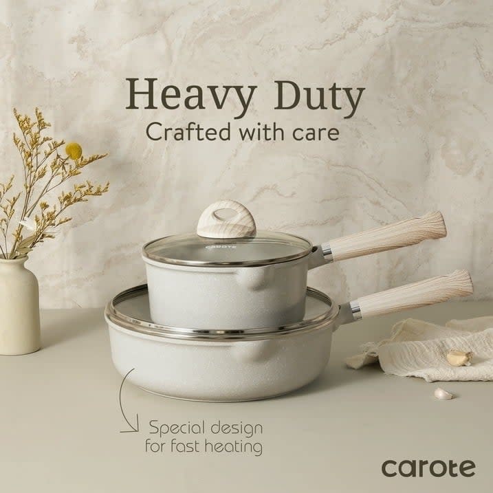 Two stackable Carote brand non-stick pots with lids