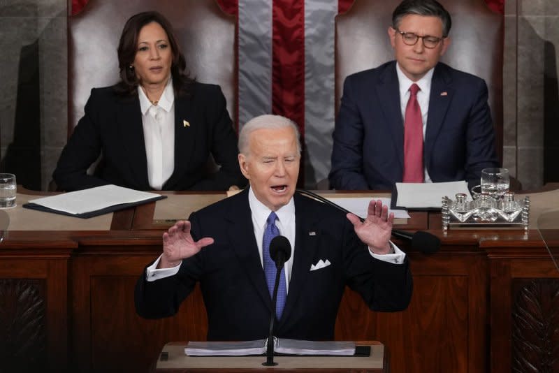 President Joe Biden delivers the annual State of the Union speech to a joint session of Congress at the U.S. Capitol in Washington DC on Thursday, March 7, 2024. Photo by Pat Benic/UPI