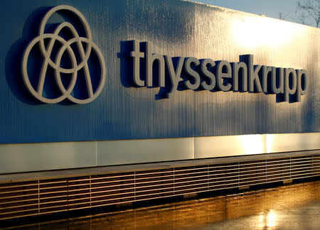 FILE PHOTO: A logo of Thyssenkrupp AG is pictured at the company's headquarters in Essen, Germany, November 21, 2018. REUTERS/Thilo Schmuelgen/File Photo